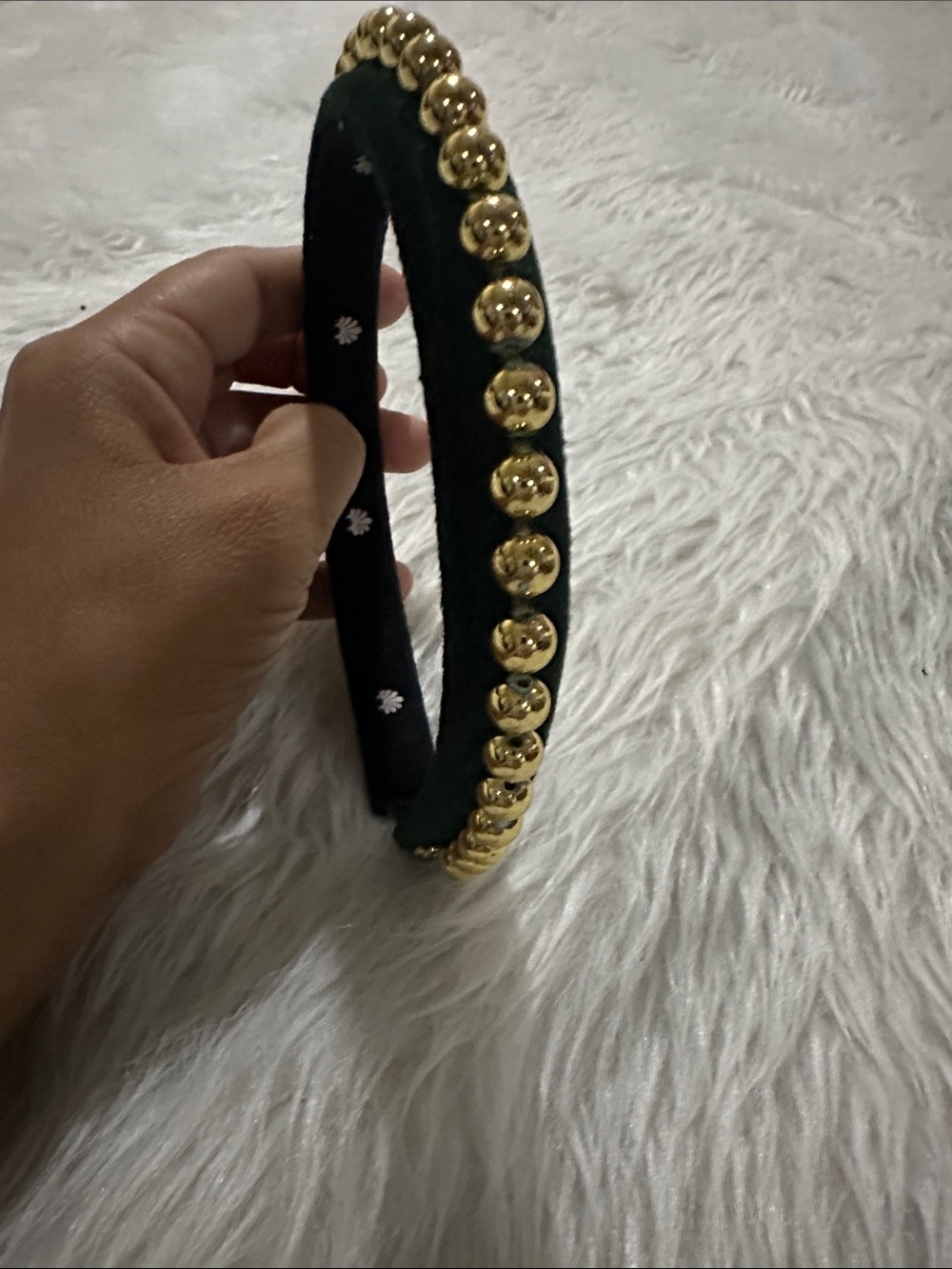 Lele Sadoughi Emerald Green Velvet Headband with Gold Bead Trim - Picture 3 of 5